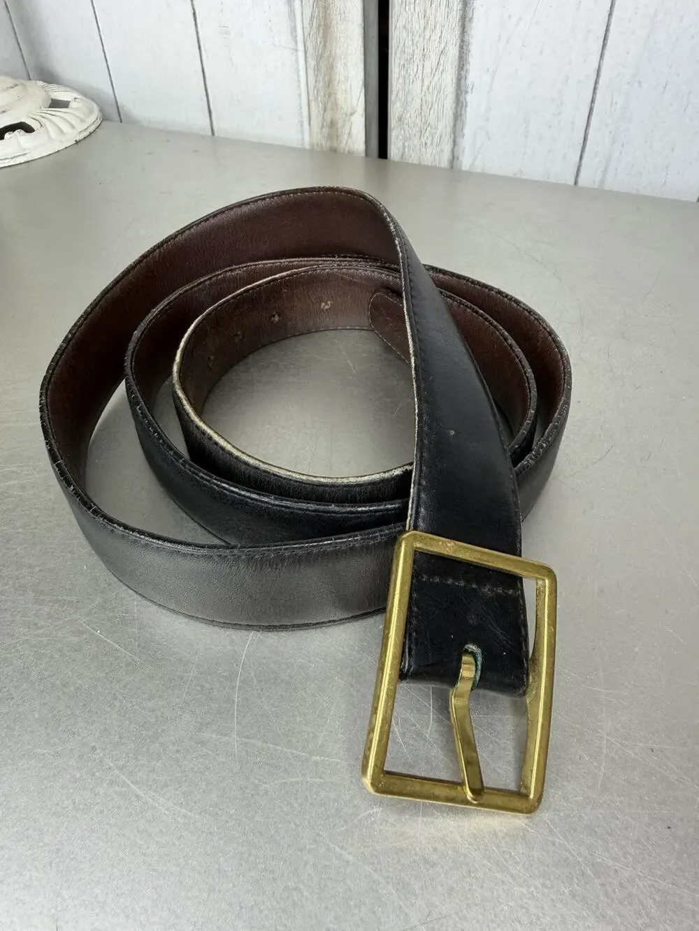 Vintage Brighton Women's Reversible Leather Belt Brown/Black Gold Buckle Sz 42